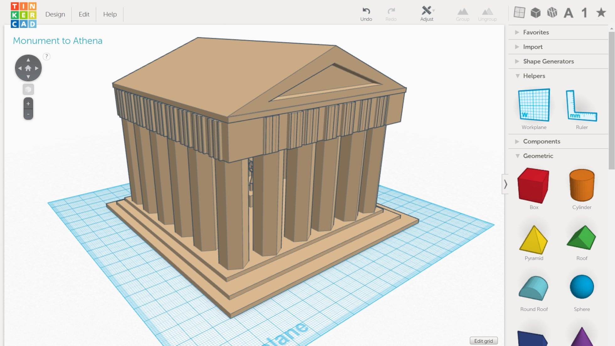 Screenshot of a Greek monument being created in TinkerCad