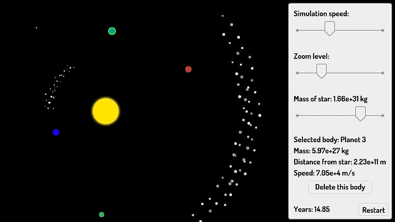 Screenshot of the Solar Systems web app showing a sample solar system