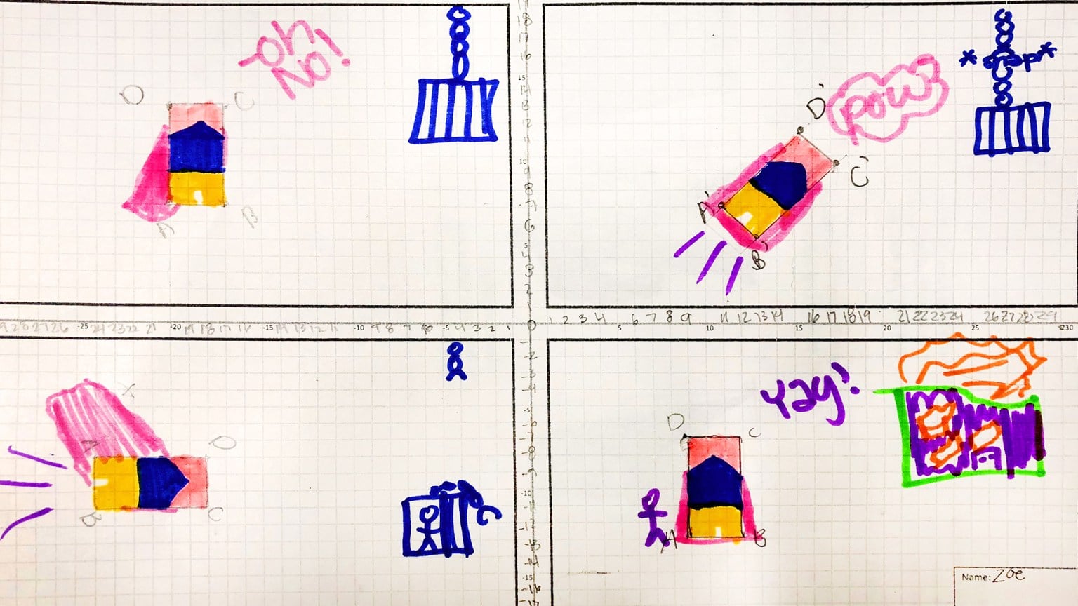 Sample student work showing a four-panel superhero transformation comic